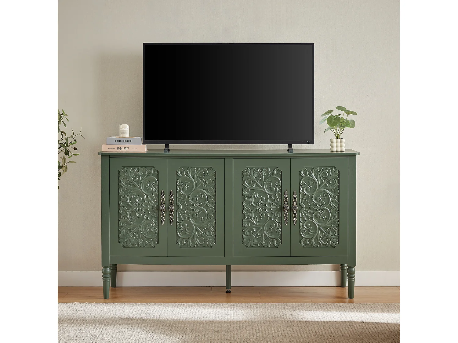 Retro‑stieliges grünes Sideboard 160x40x89 cm, geräumig, 4 Türen