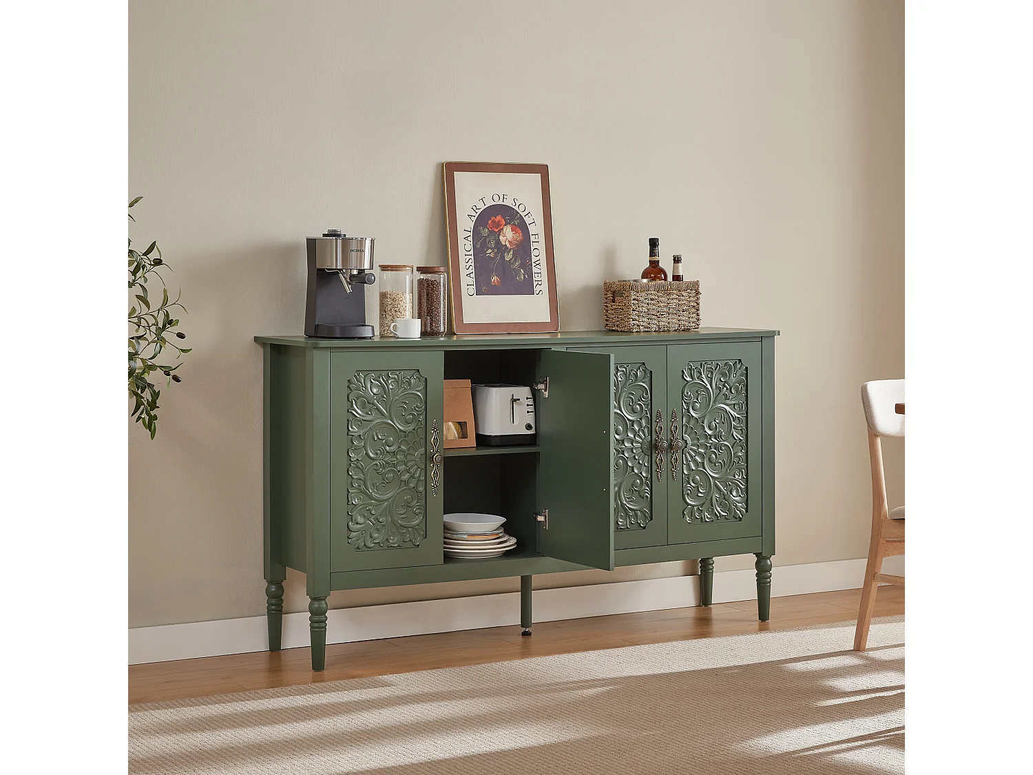 Retro‑stieliges grünes Sideboard 160x40x89 cm, geräumig, 4 Türen