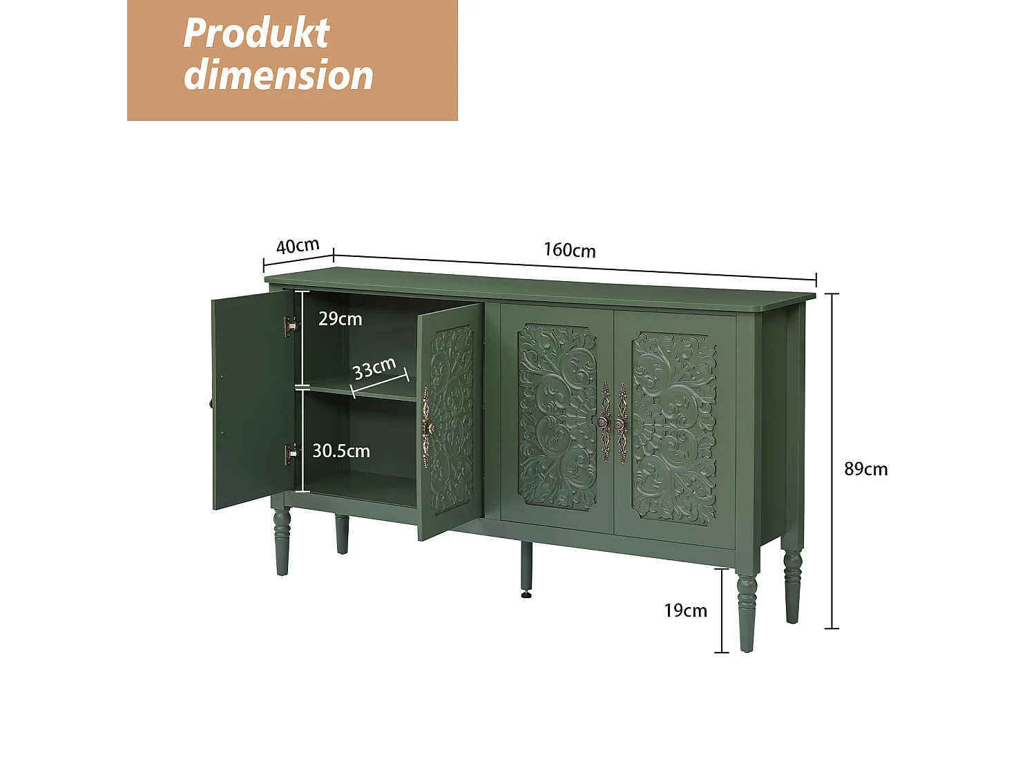 Retro‑stieliges grünes Sideboard 160x40x89 cm, geräumig, 4 Türen