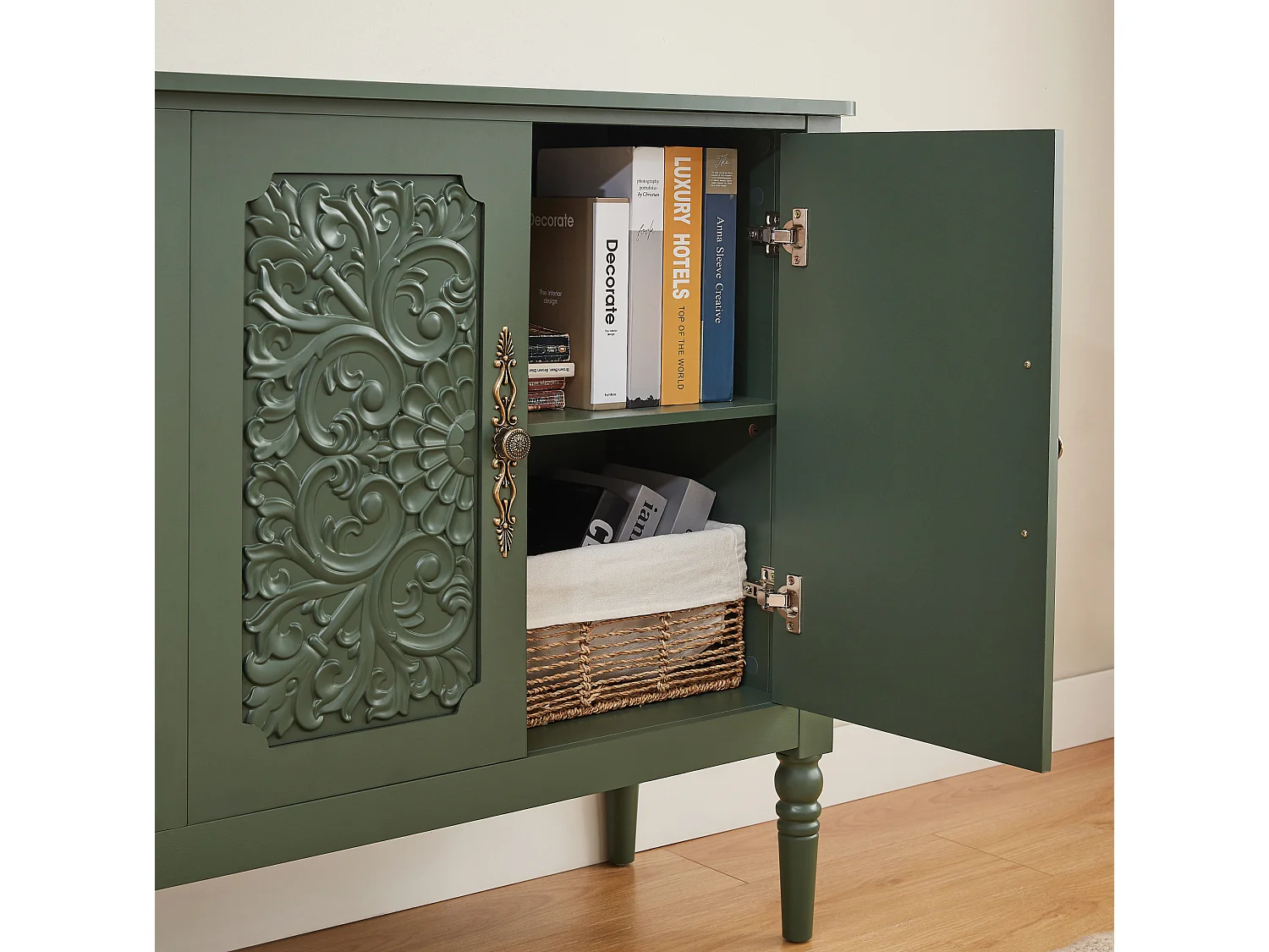 Retro‑stieliges grünes Sideboard 160x40x89 cm, geräumig, 4 Türen