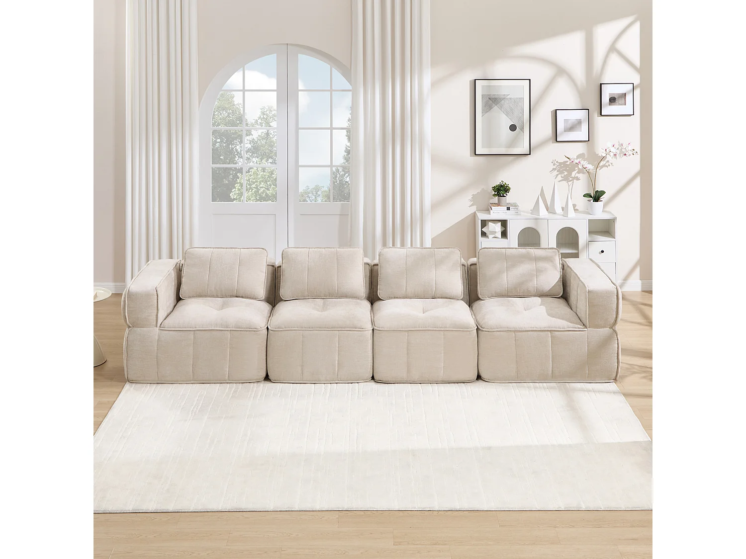 Canapé droit modulaire 4 places en polyester beige, base antidérapante, sans montage