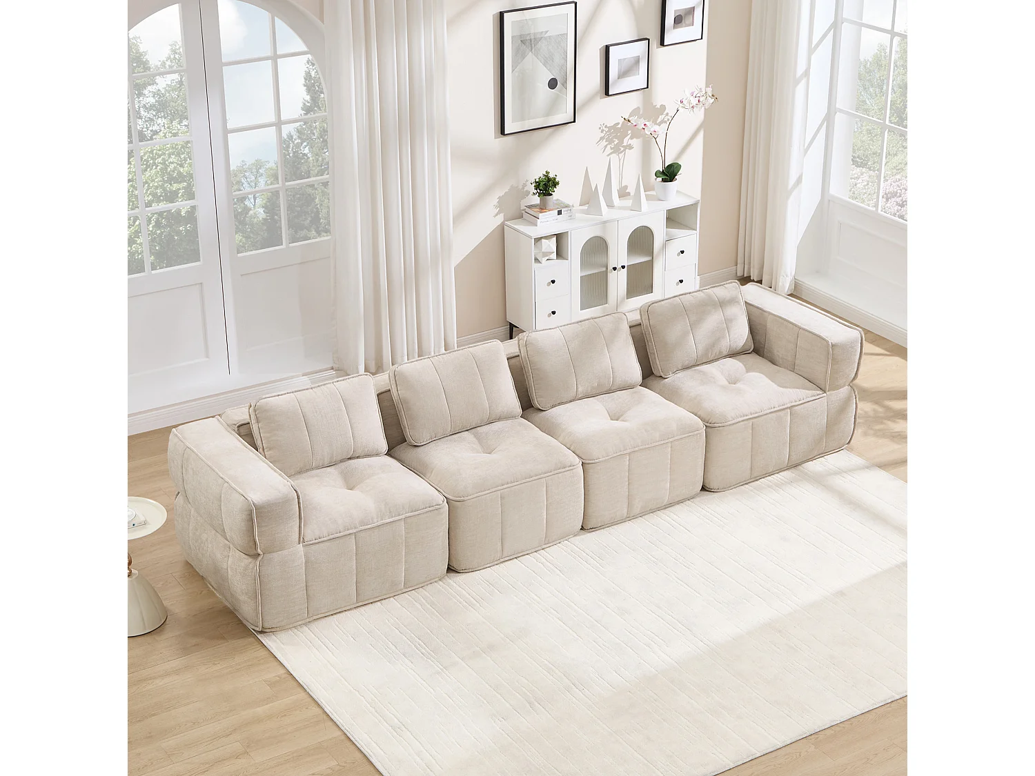 Canapé droit modulaire 4 places en polyester beige, base antidérapante, sans montage