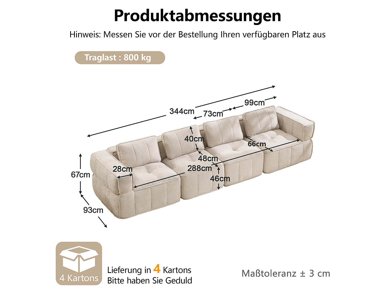 Canapé droit modulaire 4 places en polyester beige, base antidérapante, sans montage