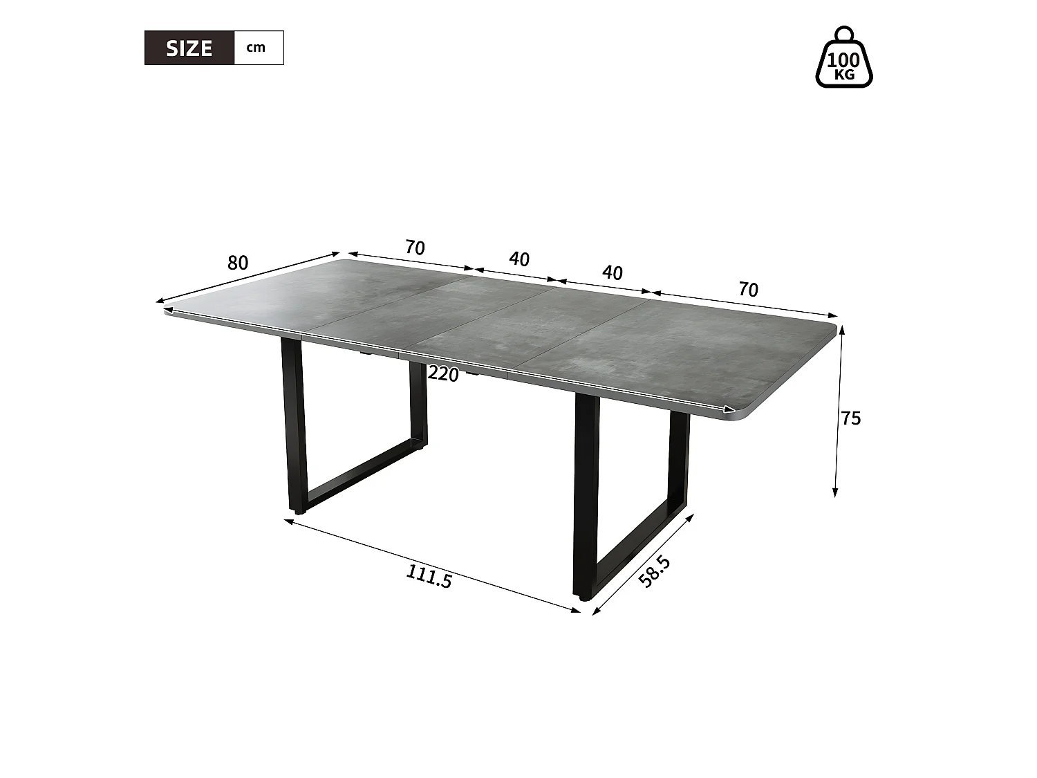 Grått utdragbart matbord 140/180/220x80 cm, modern design, rymligt för 6‑10 personer