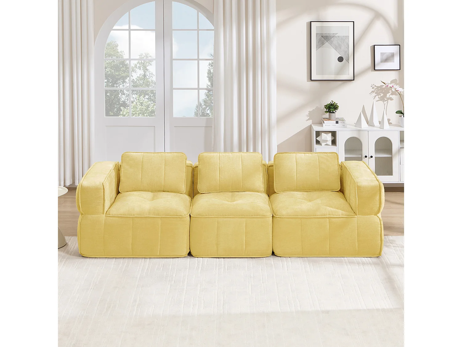Canapé droit modulaire 3 places en polyester jaune, assise profonde, sans montage