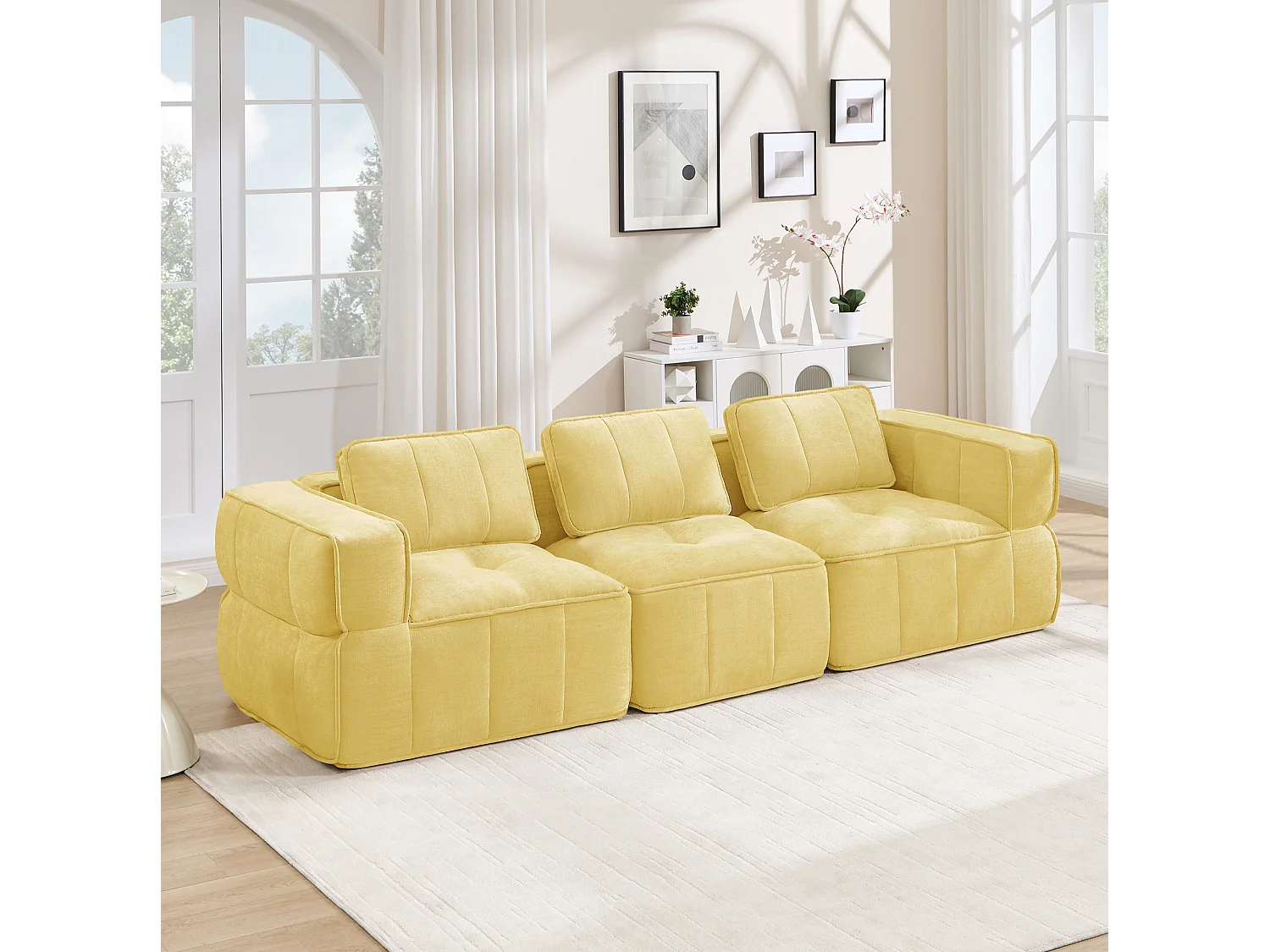Canapé droit modulaire 3 places en polyester jaune, assise profonde, sans montage
