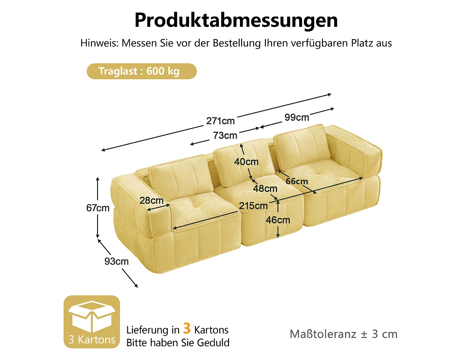 Canapé droit modulaire 3 places en polyester jaune, assise profonde, sans montage