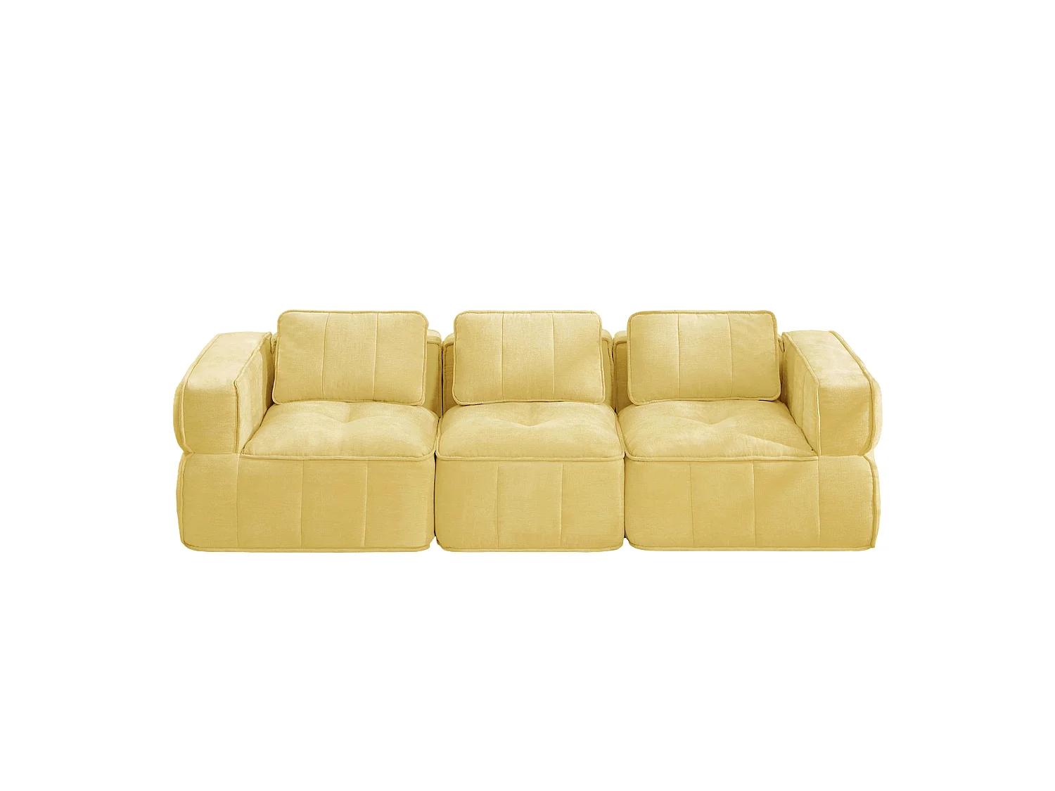 Canapé droit modulaire 3 places en polyester jaune, assise profonde, sans montage