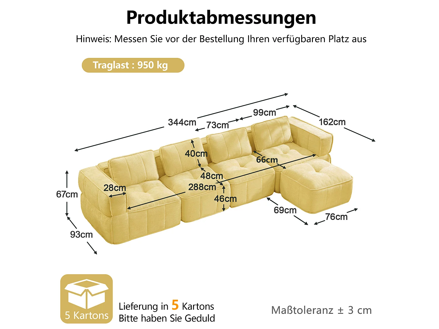 Canapé d'angle modulaire 4 places en polyester jaune avec repose‑pieds, assise profonde