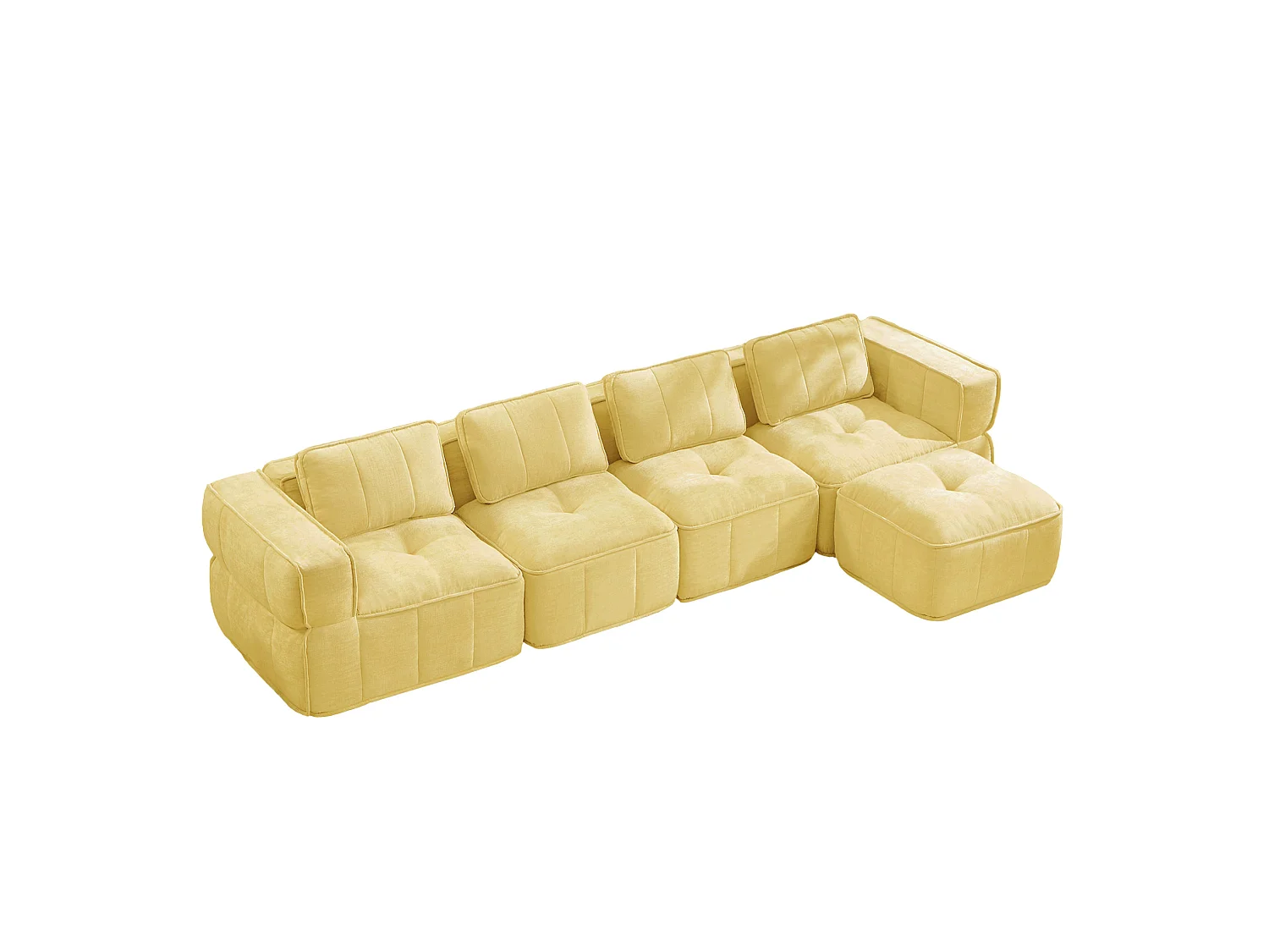 Canapé d'angle modulaire 4 places en polyester jaune avec repose‑pieds, assise profonde