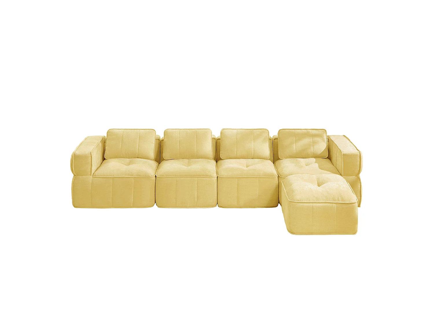 Canapé d'angle modulaire 4 places en polyester jaune avec repose‑pieds, assise profonde