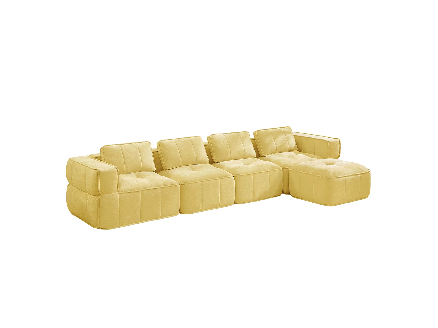 Canapé d'angle modulaire 4 places en polyester jaune avec repose‑pieds, assise profonde