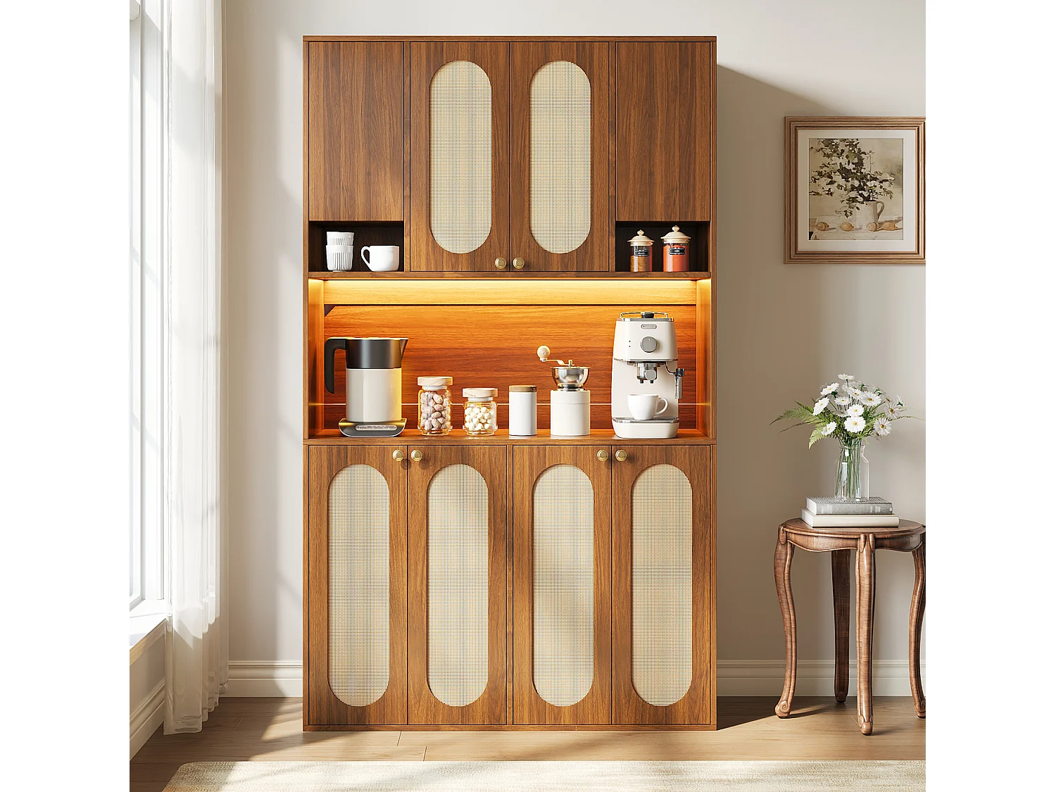 Buffet haut marron moderne avec LED réglable, 8 portes de rangement, meuble de rangement pour salon et salle à manger