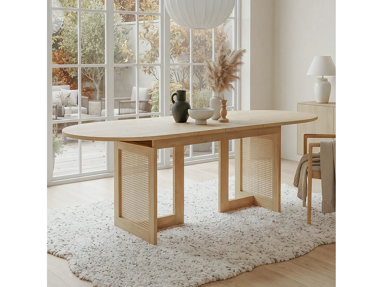 Naturfärgat utdragbart matbord 150/200x90 cm, rundade kanter, dekorativa ben med rottingdetaljer, modern stil för 6‑8 personer