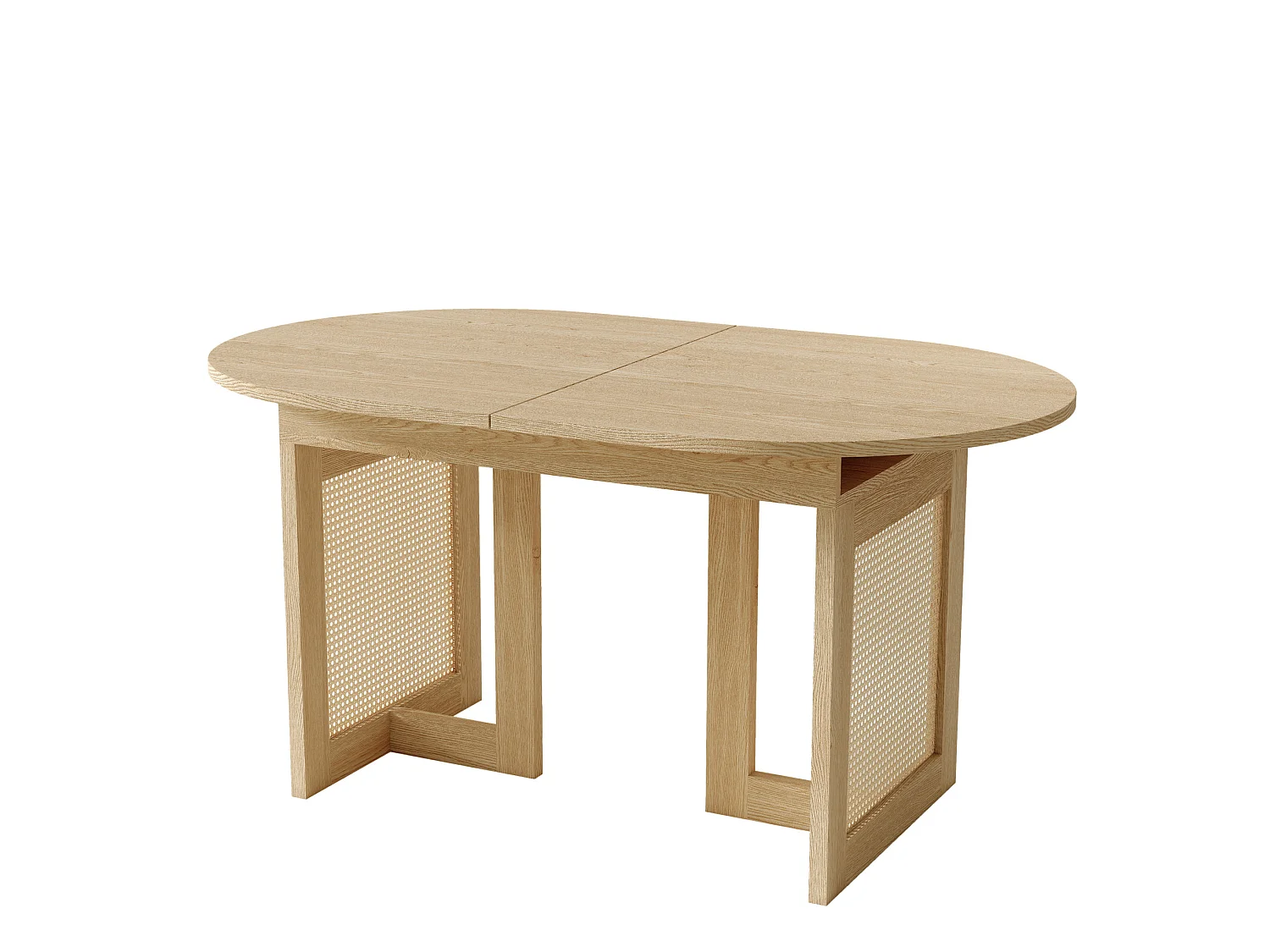 Naturfärgat utdragbart matbord 150/200x90 cm, rundade kanter, dekorativa ben med rottingdetaljer, modern stil för 6‑8 personer