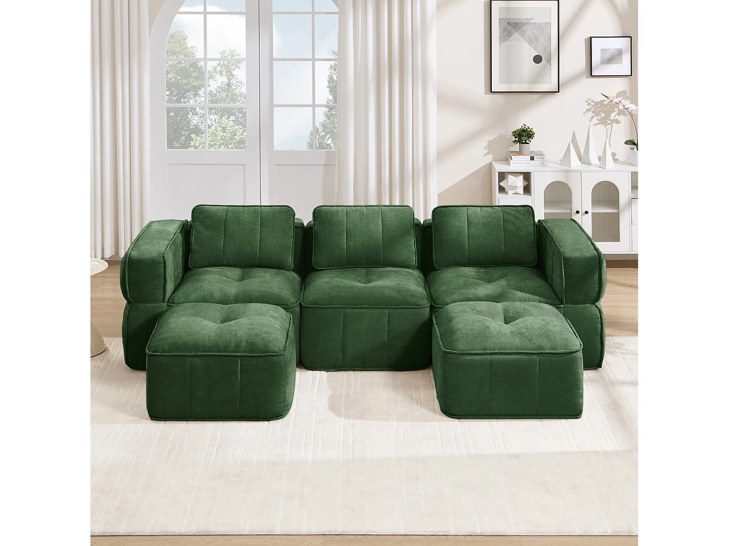 Canapé d'angle modulaire 3 places en polyester vert avec 2 reposes‑pieds, assise profonde