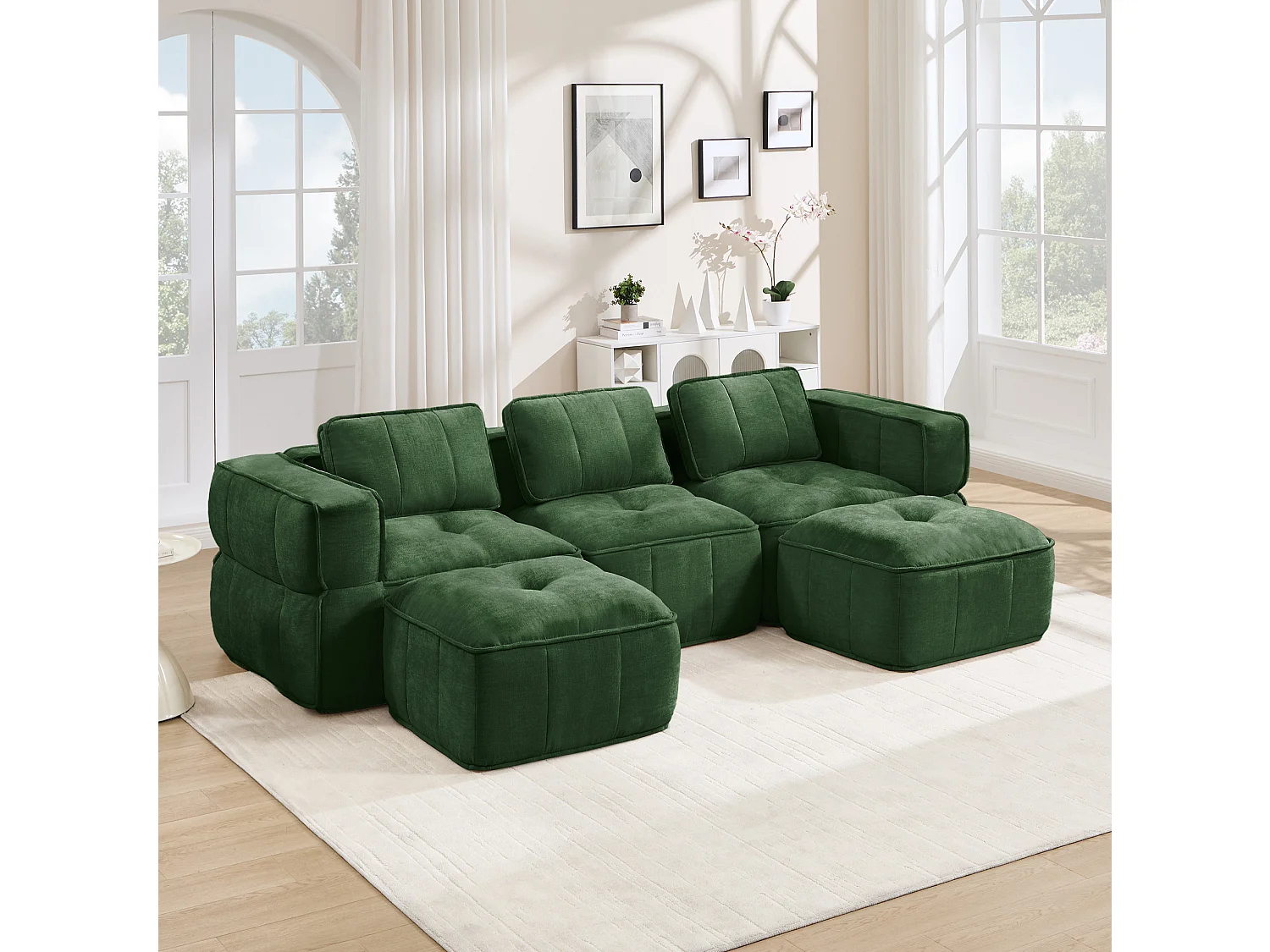 Canapé d'angle modulaire 3 places en polyester vert avec 2 reposes‑pieds, assise profonde