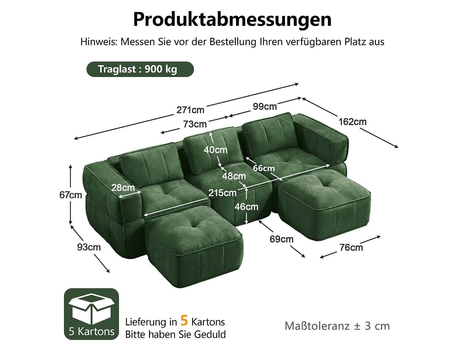Canapé d'angle modulaire 3 places en polyester vert avec 2 reposes‑pieds, assise profonde