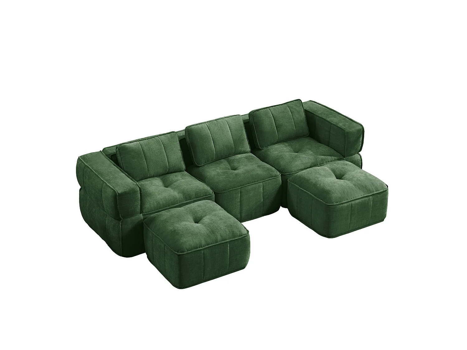 Canapé d'angle modulaire 3 places en polyester vert avec 2 reposes‑pieds, assise profonde