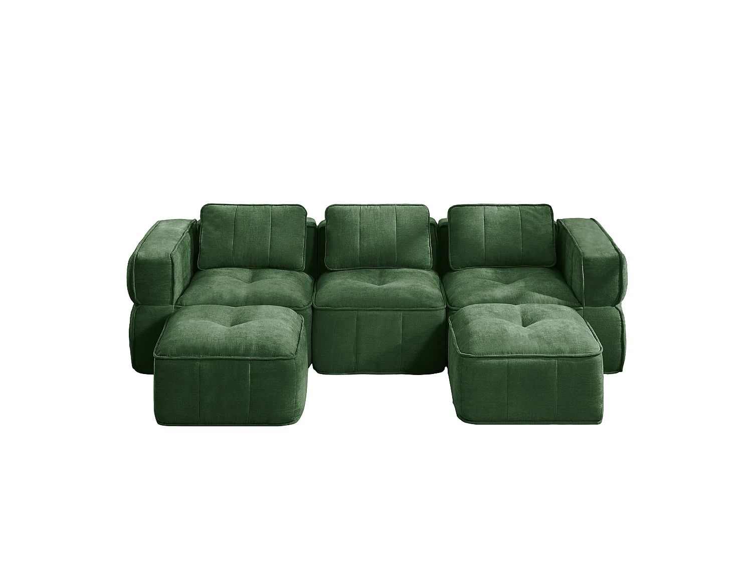 Canapé d'angle modulaire 3 places en polyester vert avec 2 reposes‑pieds, assise profonde