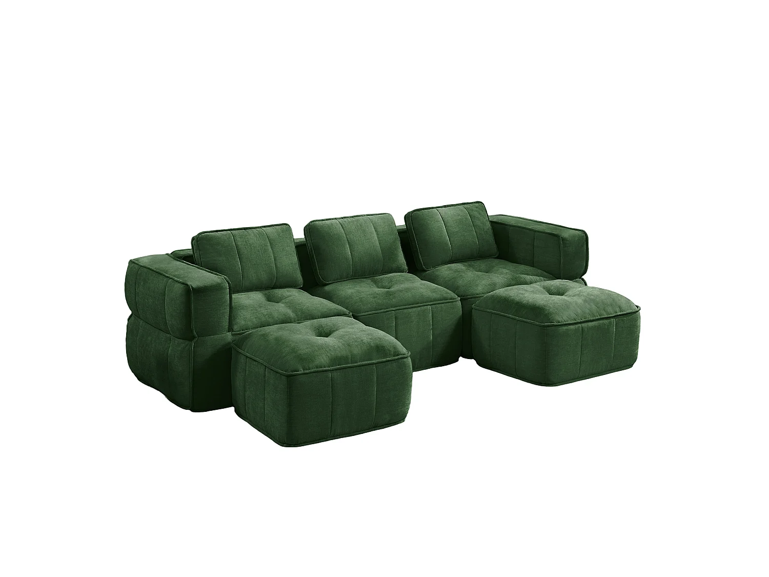 Canapé d'angle modulaire 3 places en polyester vert avec 2 reposes‑pieds, assise profonde