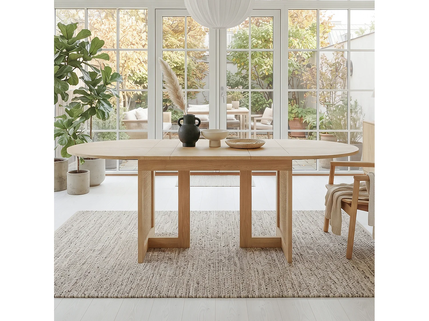 Table à manger extensible 120/160x80 cm, couleur naturelle, bords arrondis, pieds décoratifs rotin, style moderne pour 6 à 8 personnes