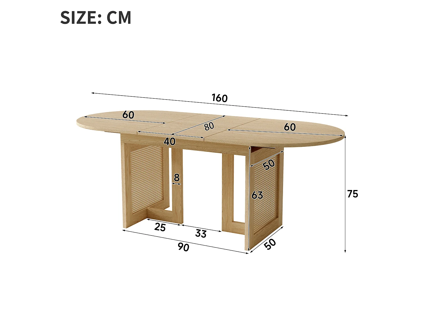 Table à manger extensible 120/160x80 cm, couleur naturelle, bords arrondis, pieds décoratifs rotin, style moderne pour 6 à 8 personnes