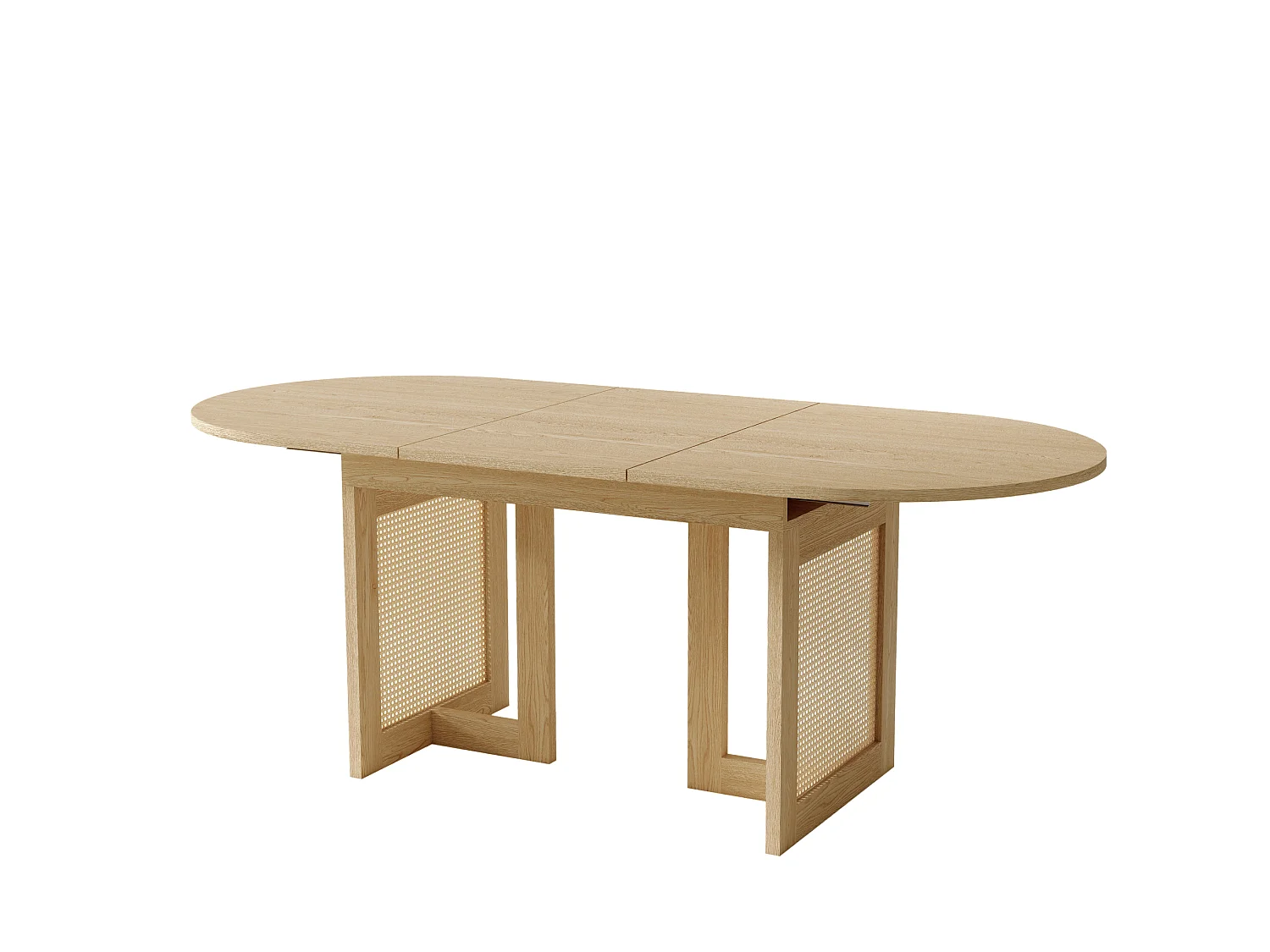 Table à manger extensible 120/160x80 cm, couleur naturelle, bords arrondis, pieds décoratifs rotin, style moderne pour 6 à 8 personnes