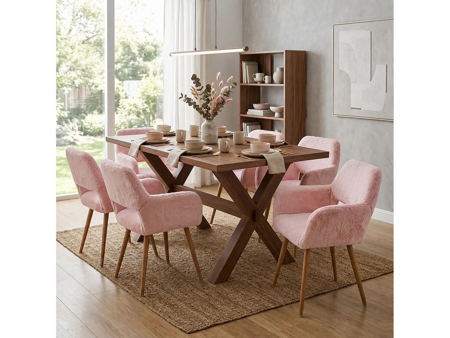 MEUBLES COSY CROMWELL PELUCHE Lot de 6 chaises en tissu effet poil de lapin rose, structure en métal