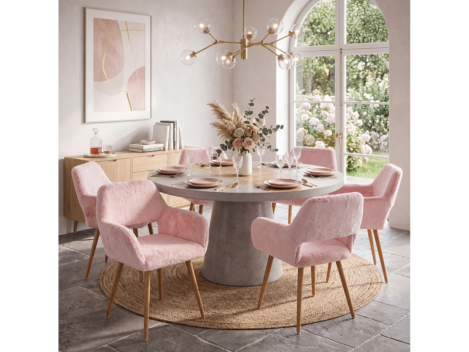 MEUBLES COSY CROMWELL PELUCHE Lot de 6 chaises en tissu effet poil de lapin rose, structure en métal