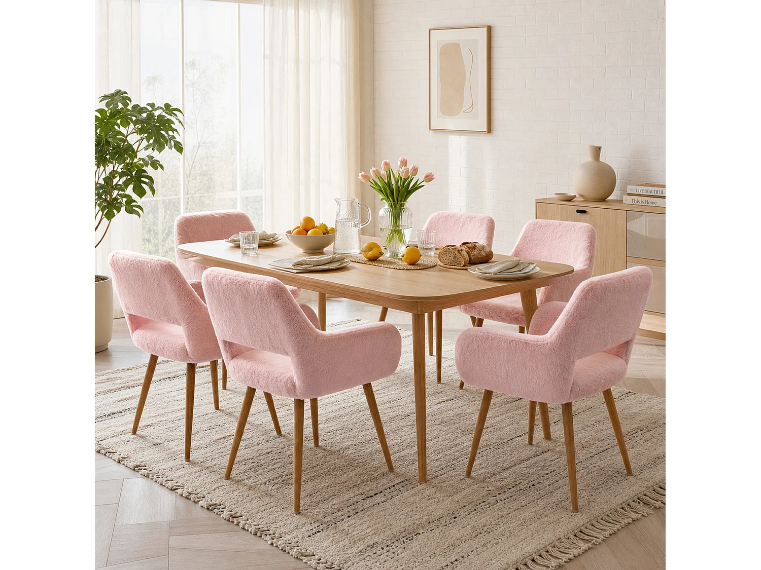 MEUBLES COSY CROMWELL PELUCHE Lot de 6 chaises en tissu effet poil de lapin rose, structure en métal