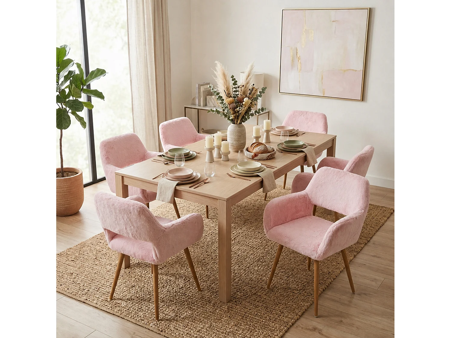MEUBLES COSY CROMWELL PELUCHE Lot de 6 chaises en tissu effet poil de lapin rose, structure en métal
