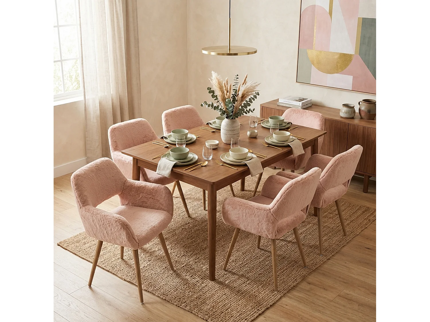 MEUBLES COSY CROMWELL PELUCHE Lot de 6 chaises en tissu effet poil de lapin rose pêche, structure en métal