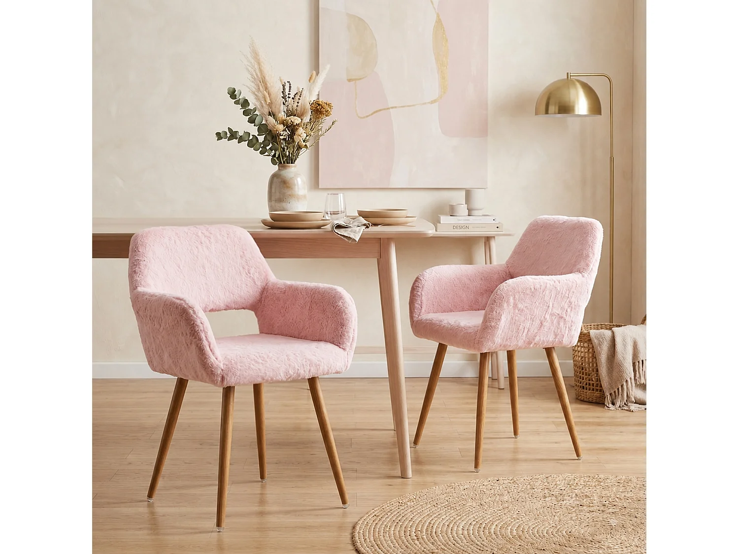 MEUBLES COSY CROMWELL PELUCHE Lot de 2 chaises en tissu effet poil de lapin rose, structure en métal