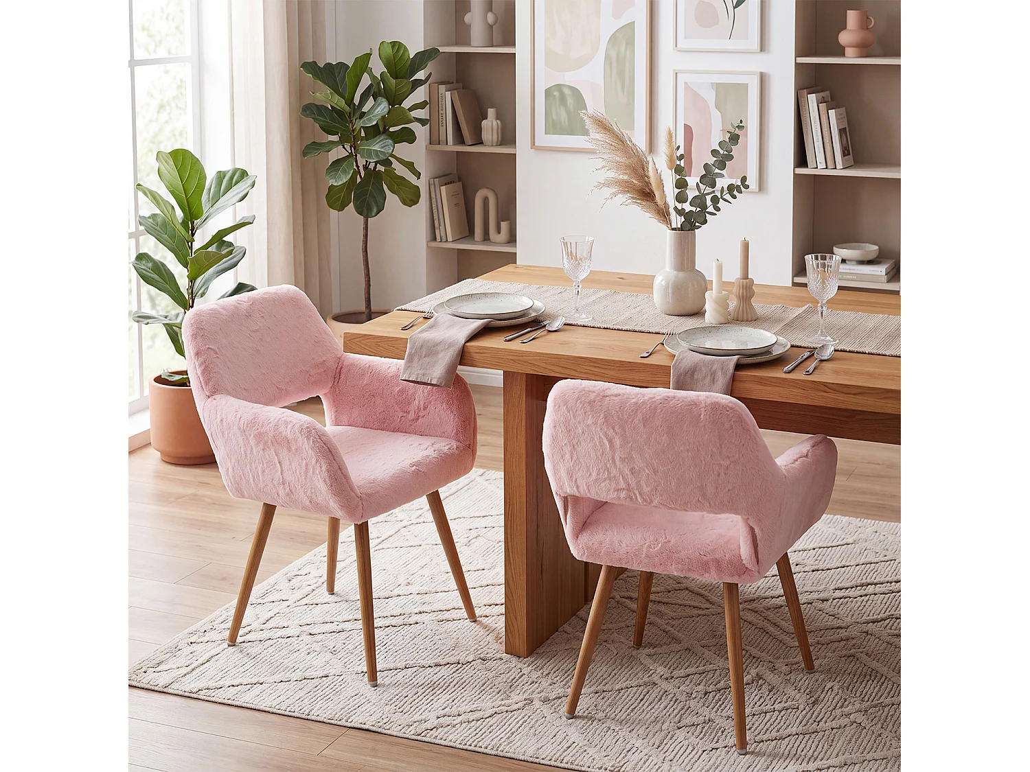 MEUBLES COSY CROMWELL PELUCHE Lot de 2 chaises en tissu effet poil de lapin rose, structure en métal