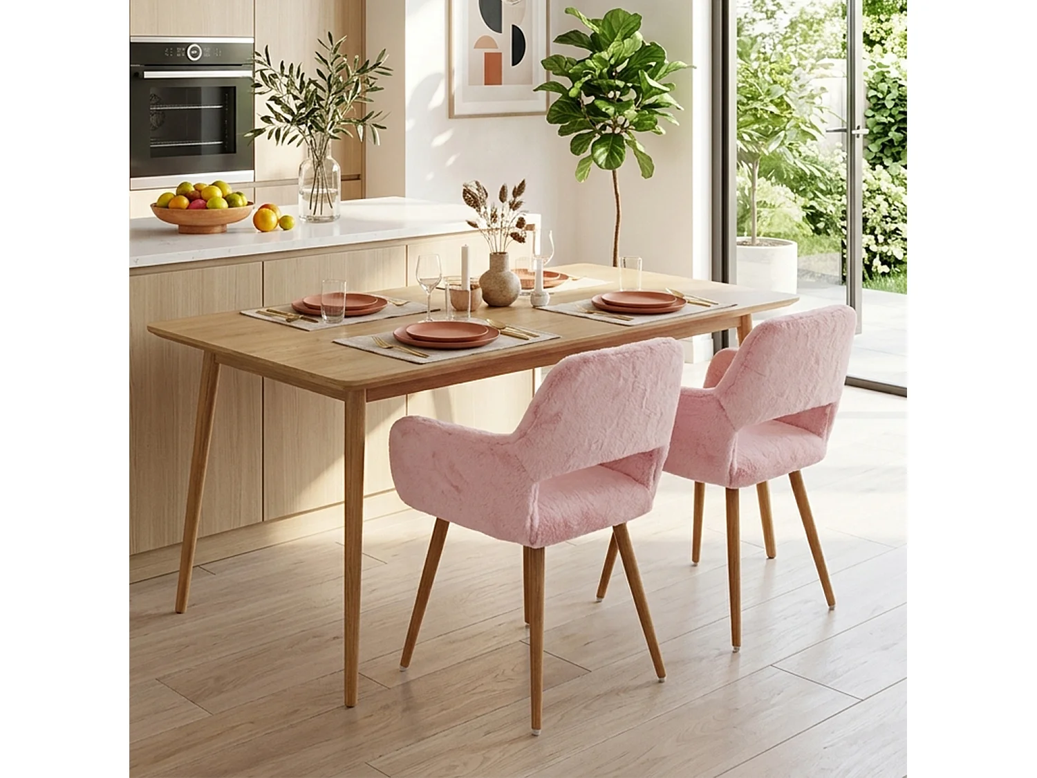 MEUBLES COSY CROMWELL PELUCHE Lot de 2 chaises en tissu effet poil de lapin rose, structure en métal