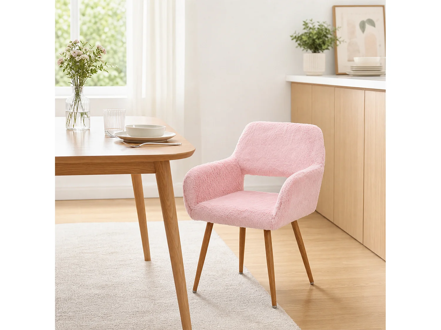 MEUBLES COSY CROMWELL PELUCHE Lot de 2 chaises en tissu effet poil de lapin rose, structure en métal
