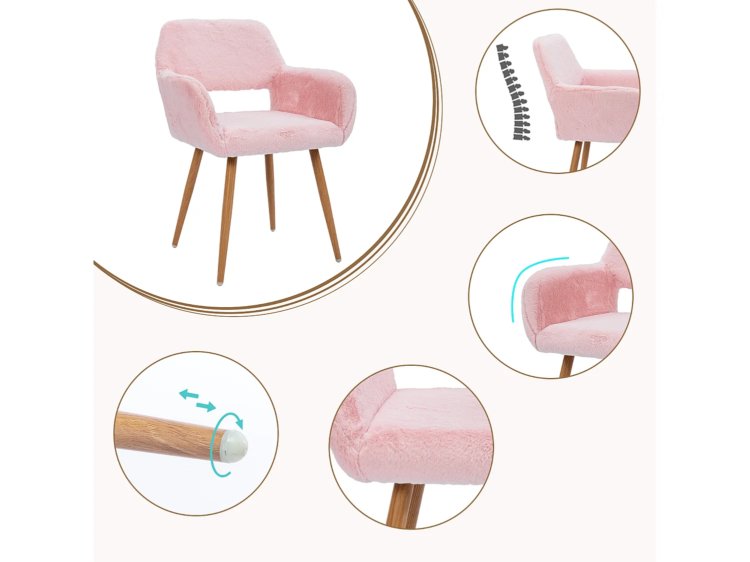 MEUBLES COSY CROMWELL PELUCHE Lot de 2 chaises en tissu effet poil de lapin rose, structure en métal