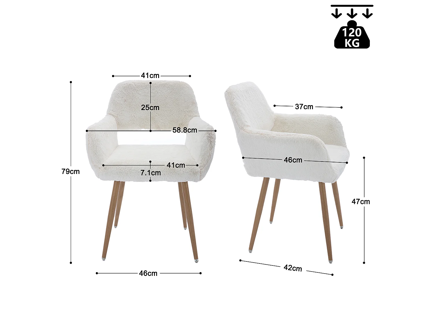 MEUBLES COSY CROMWELL PELUCHE Lot de 6 chaises en tissu effet poil de lapin blanc, structure en métal