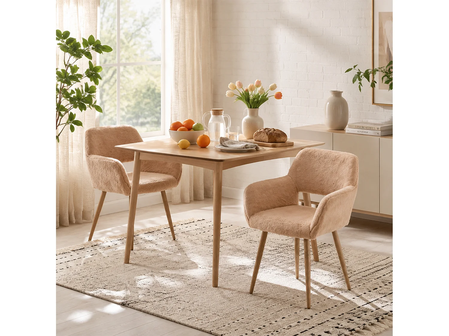 MEUBLES COSY CROMWELL PELUCHE Lot de 2 chaises en tissu effet poil de lapin rose pêche, structure en métal