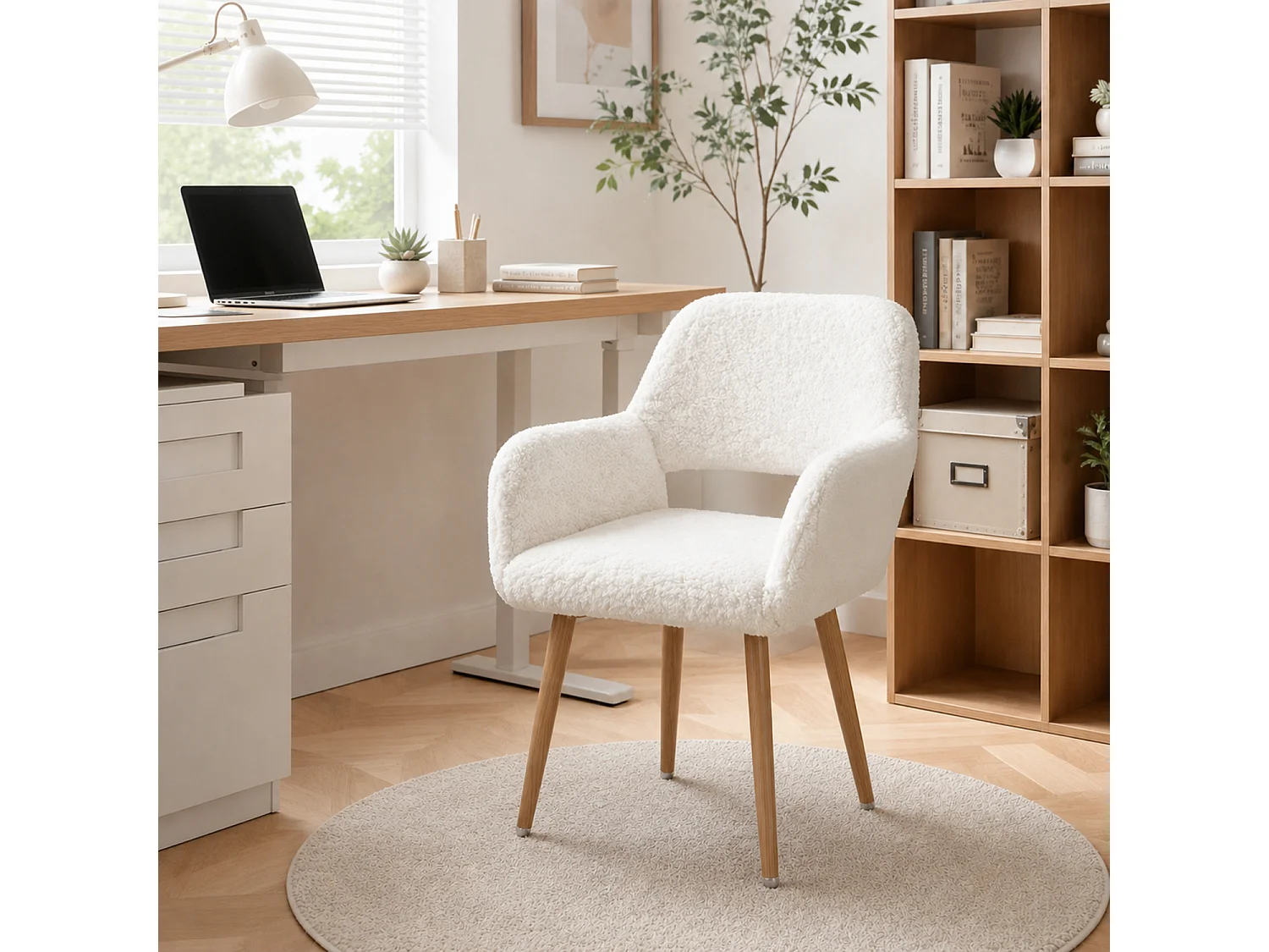 MEUBLES COSY CROMWELL PELUCHEO Fauteuil en tissu blanc effet poil de lapin avec pieds en métal