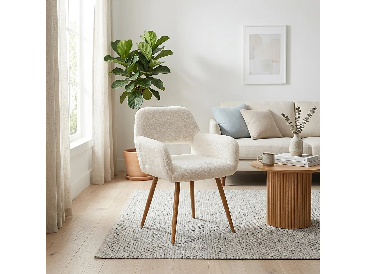 MEUBLES COSY CROMWELL PELUCHE Lot de 2 chaises en tissu effet poil de lapin blanc, structure en métal