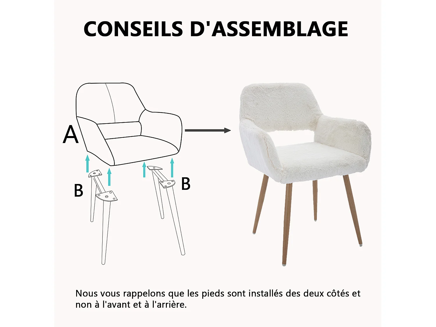 MEUBLES COSY CROMWELL PELUCHE Lot de 2 chaises en tissu effet poil de lapin blanc, structure en métal