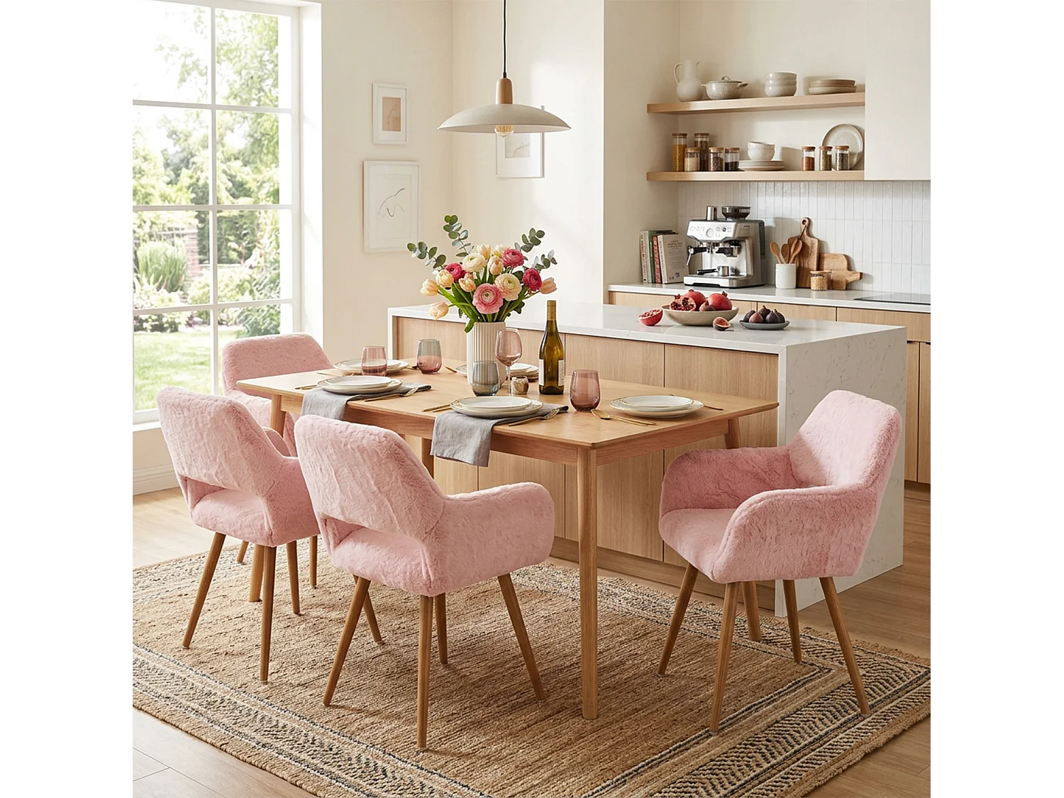 MEUBLES COSY CROMWELL PELUCHE Lot de 4 chaises en tissu effet poil de lapin rose, structure en métal