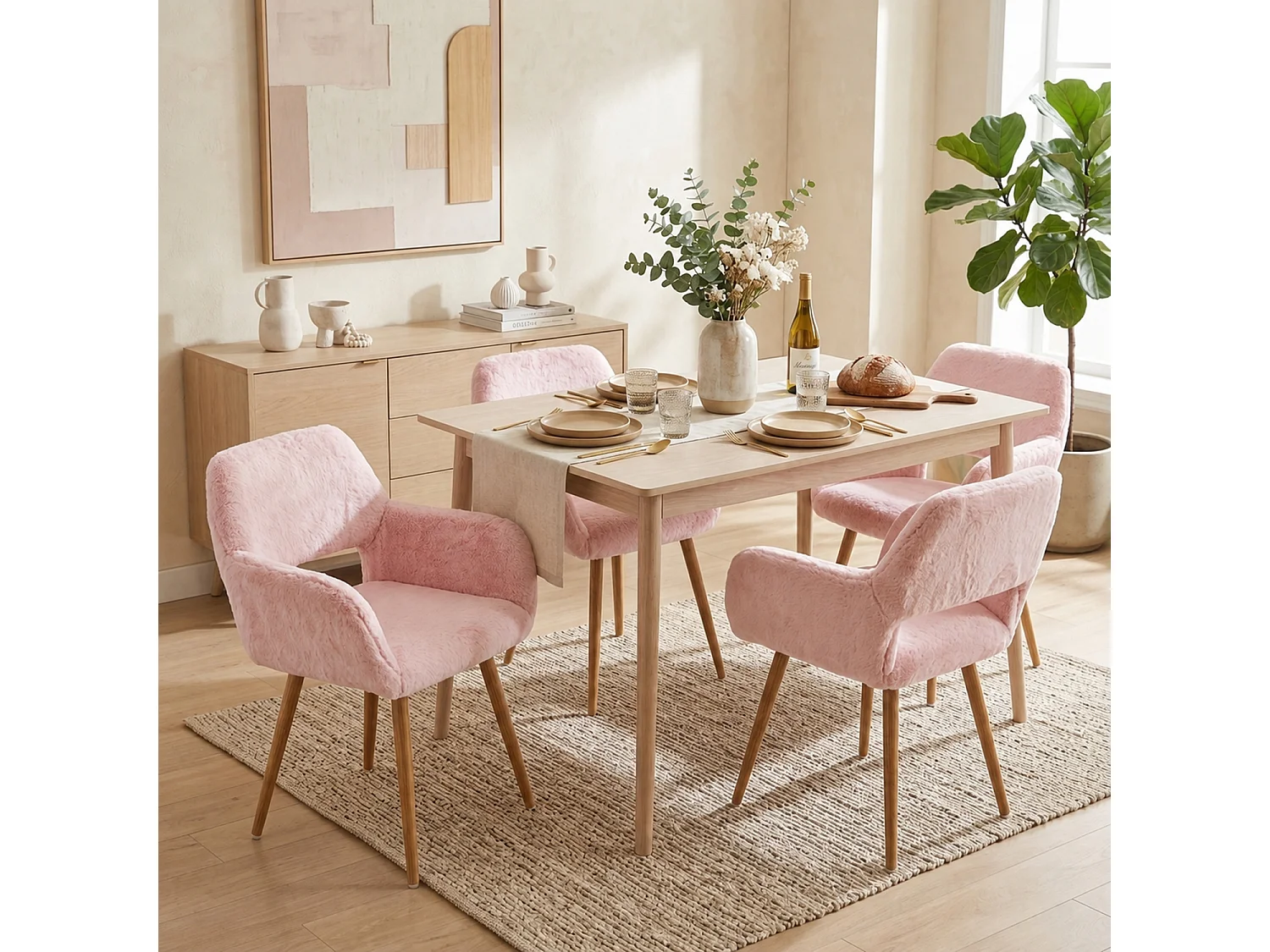MEUBLES COSY CROMWELL PELUCHE Lot de 4 chaises en tissu effet poil de lapin rose, structure en métal