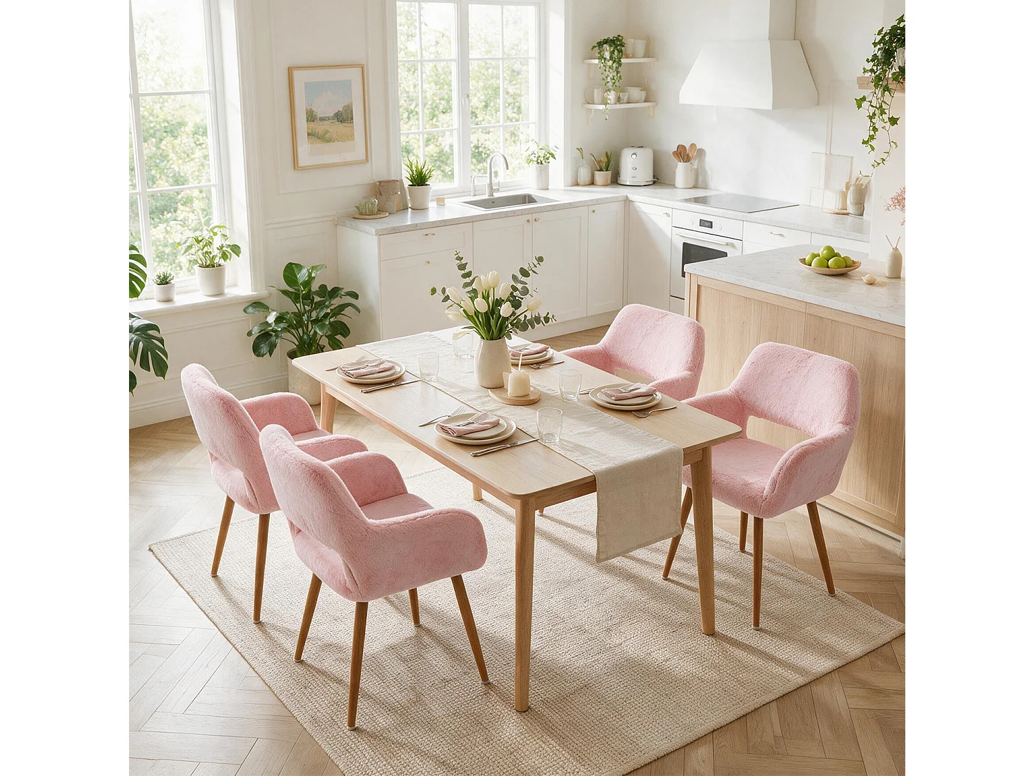 MEUBLES COSY CROMWELL PELUCHE Lot de 4 chaises en tissu effet poil de lapin rose, structure en métal