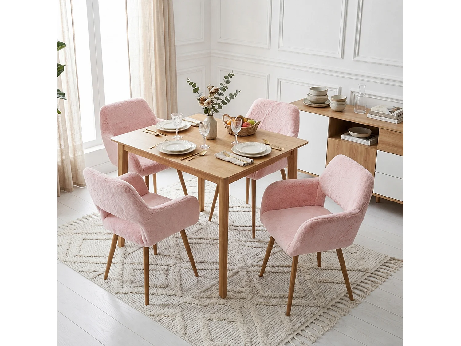 MEUBLES COSY CROMWELL PELUCHE Lot de 4 chaises en tissu effet poil de lapin rose, structure en métal