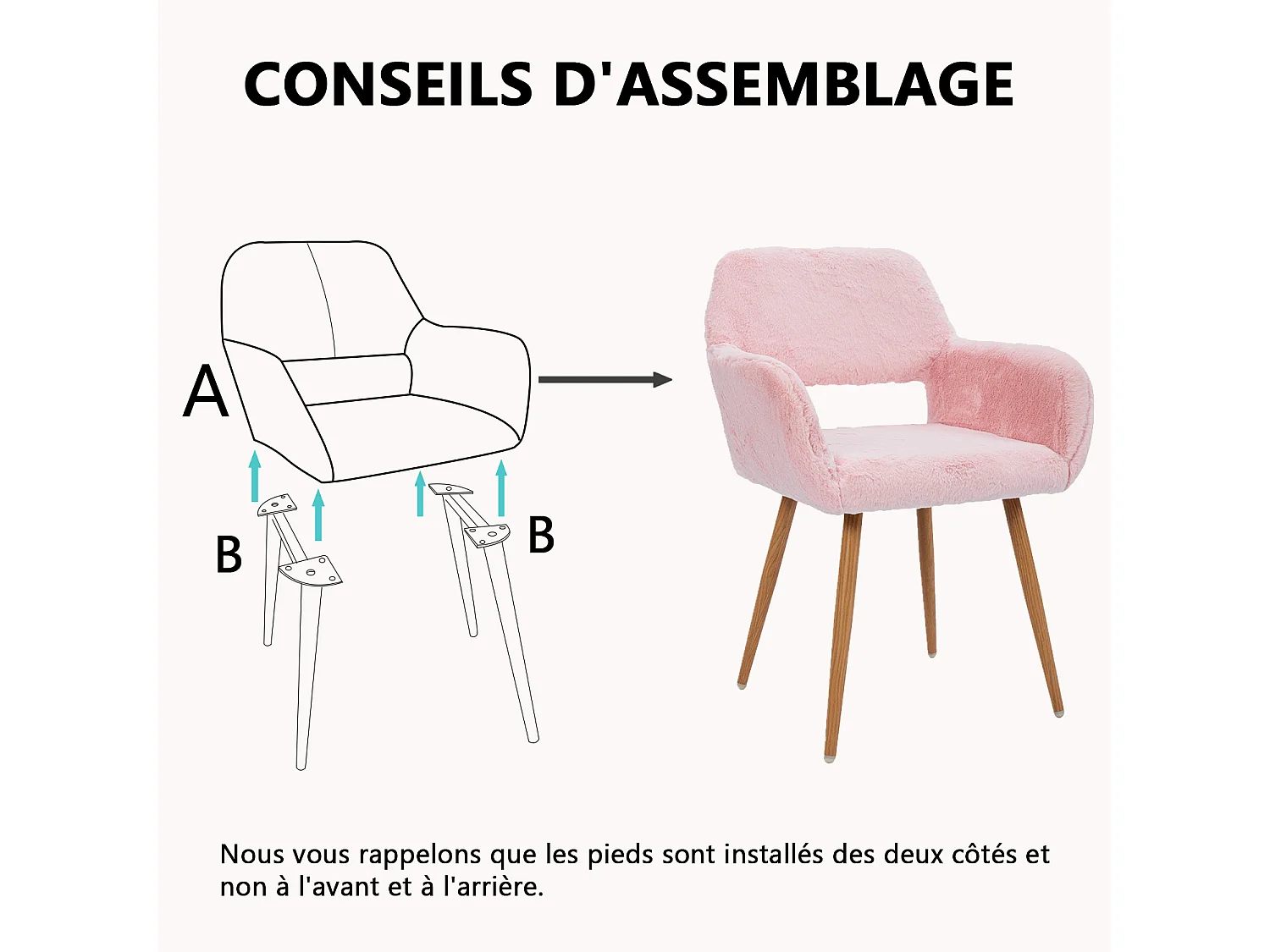MEUBLES COSY CROMWELL PELUCHE Lot de 4 chaises en tissu effet poil de lapin rose, structure en métal