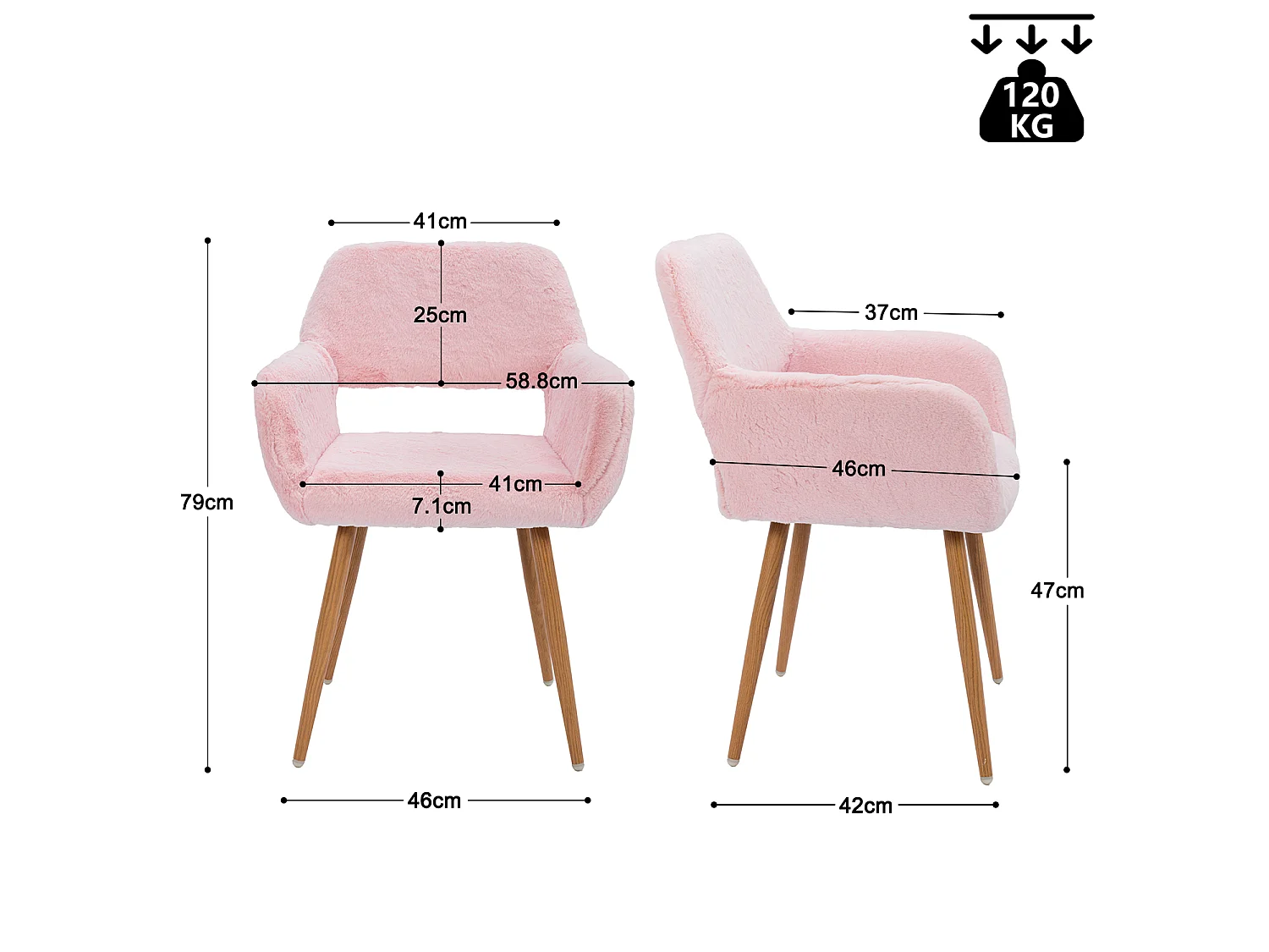 MEUBLES COSY CROMWELL PELUCHE Lot de 4 chaises en tissu effet poil de lapin rose, structure en métal