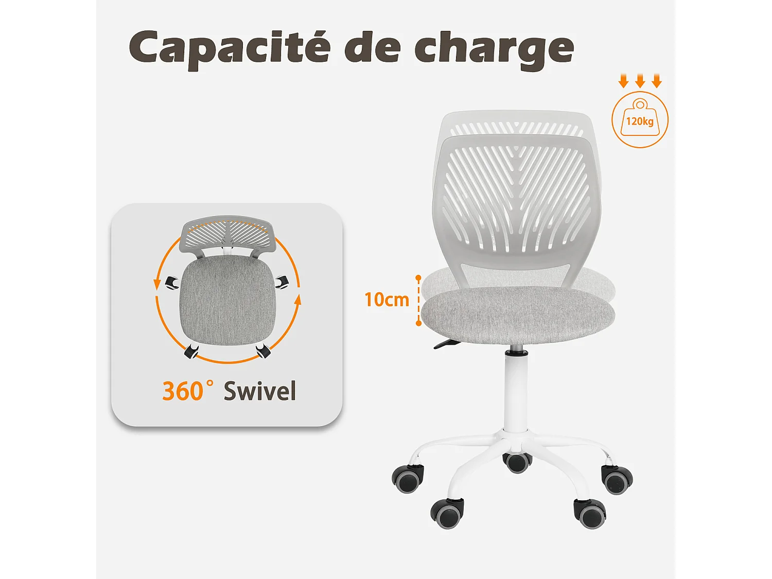 MEUBLES COSY CARNATION Silla giratoria regulable en altura con asiento de malla gris verita y patas de metal
